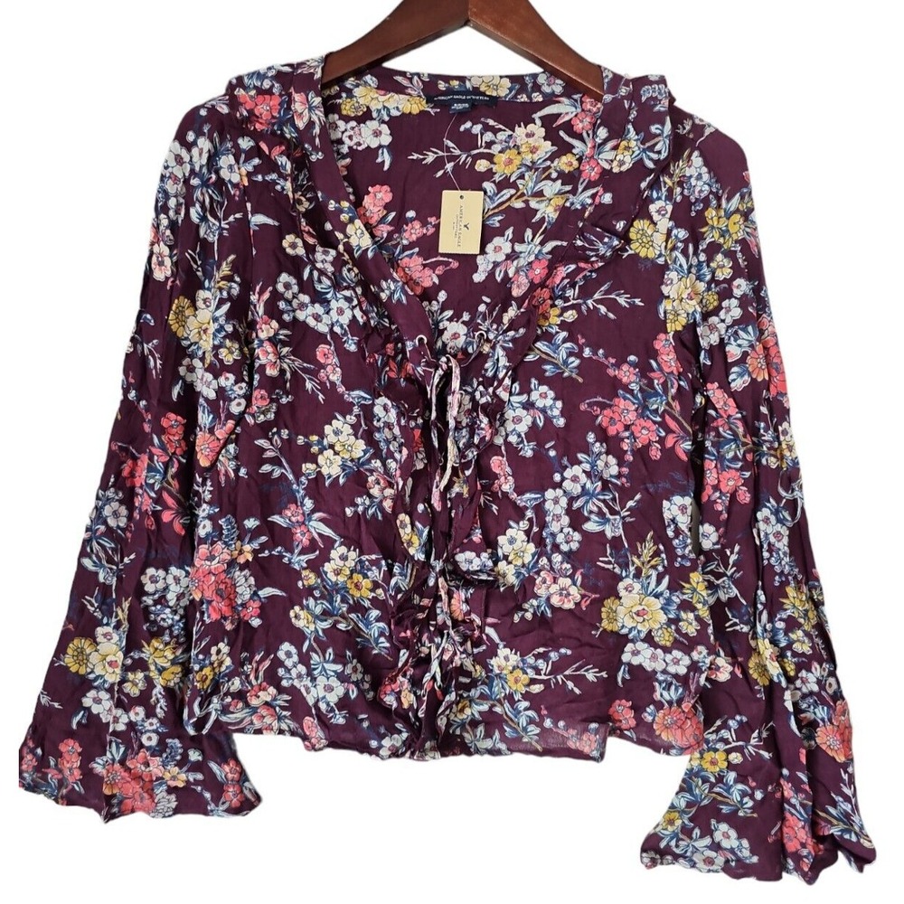 AMERICAN EAGLE Lace Up Long Sleeve Ruffle Trim Floral Print Blouse Size S NWT